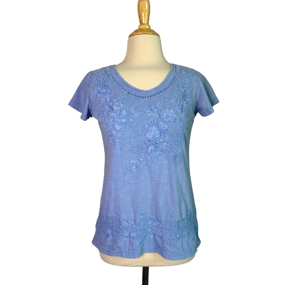 CAITE‎ XS Powder Blue Cotton Embroidered Top Johnny Was Beachy Cottagecore Boho